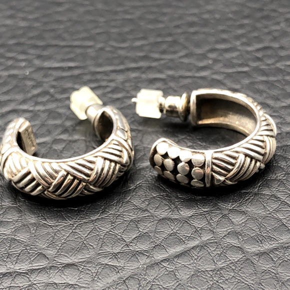 Sterling Silver Earrings Bali Indonesia Ornate Texture Small Hoops Marked AI 925 - Picture 2 of 7
